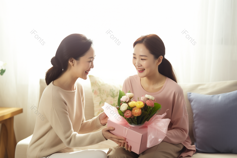 年轻女儿在母亲节三八节给母亲送花摄影背景,高清,摄影图,摄影图片,图片大全,摄影图免费下载